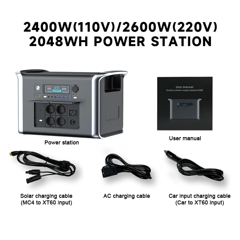 2000W/2048Wh Portable Power Station 640000mAh 220V LifePo4 Batterie Generator+200W Solar Panel Powerstation Emergency Backup