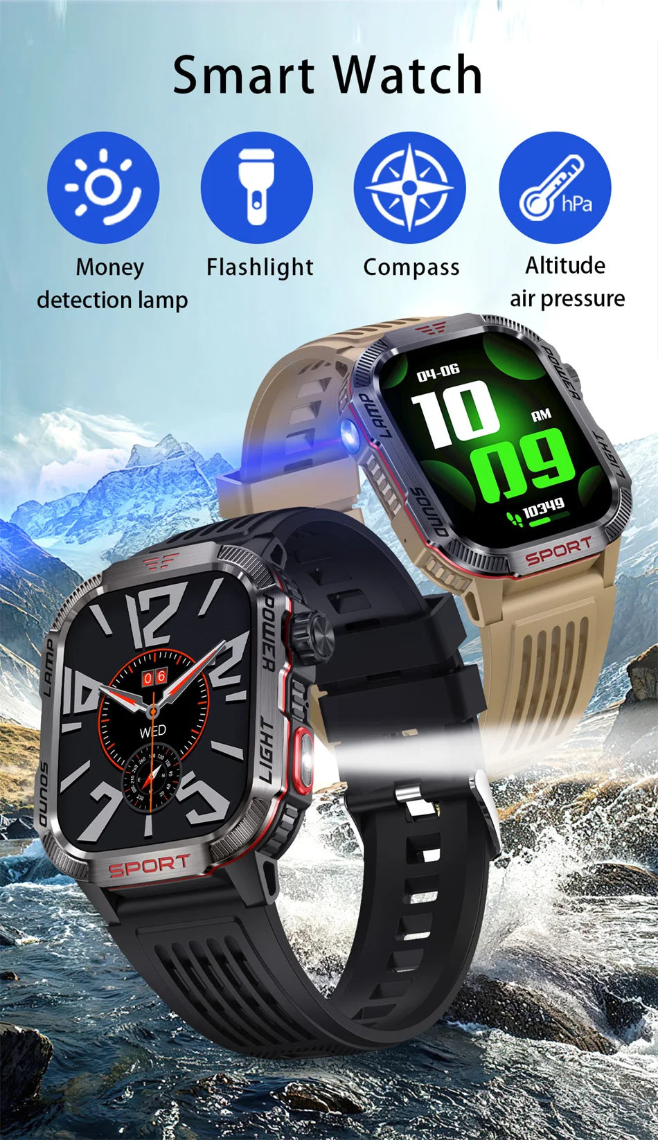 Nuovo per Huawei Xiaomi Militare GPS Smart Watch Uomini Torcia elettrica Bussola impermeabile all'aperto Sport Tracker Bluetooth Chiamata Smartwatch