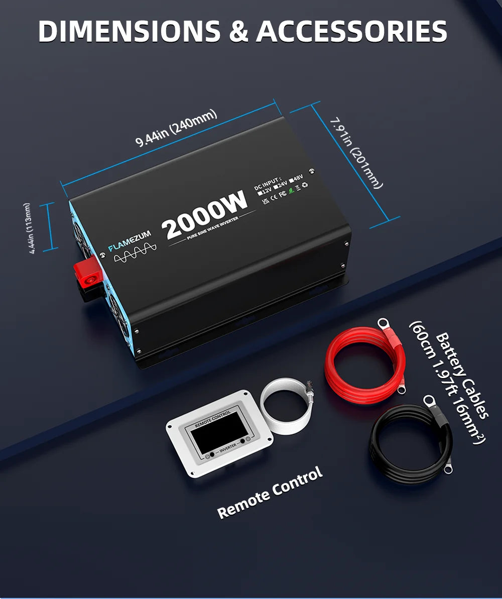 Convertitore voltmetro per auto LCD con presa UE da 2000 W, potenza continua, onda sinusoidale pura, potenza di picco, 4000 W CC 12 V a CA 230 V 50 Hz