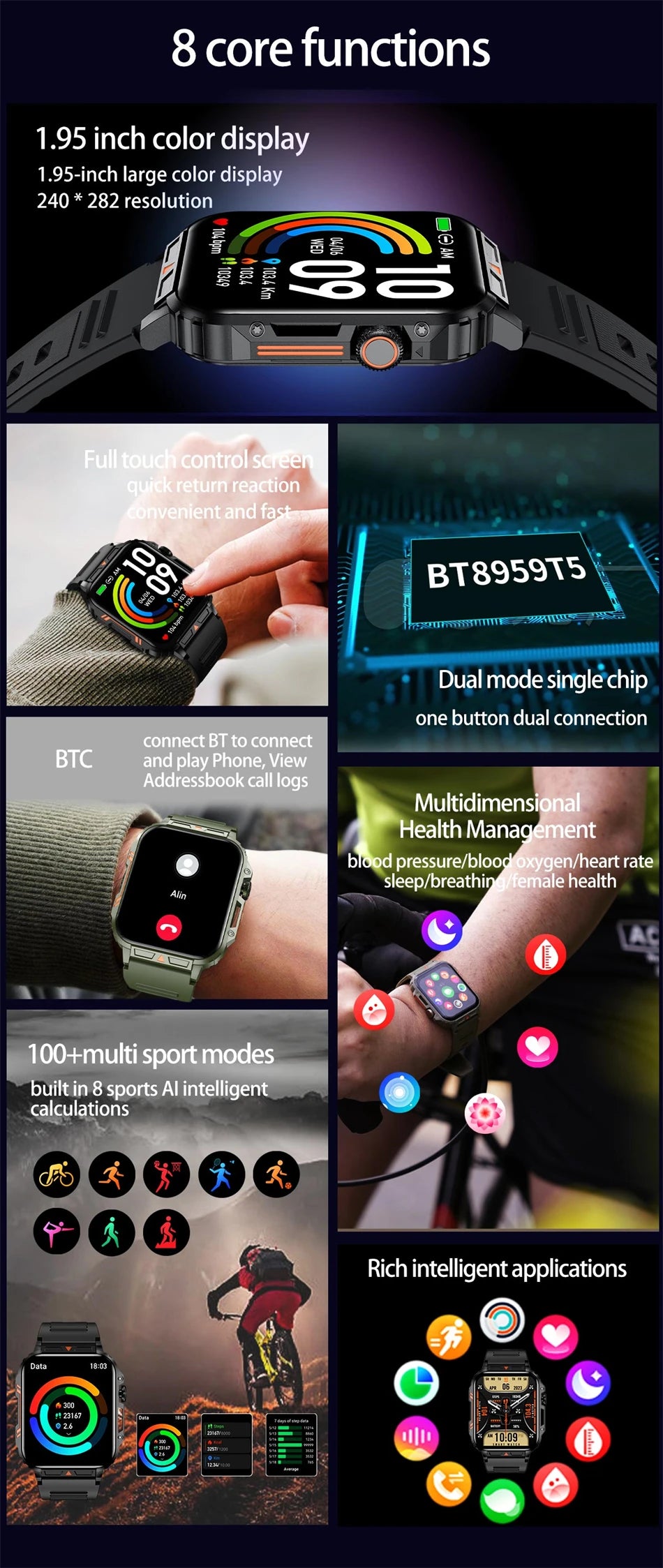 2024 Nuovo uomo militare all'aperto 1.95 Smart Watch uomini bluetooth chiamata smartwatch uomini per android ios ip68 impermeabile ftiness orologi