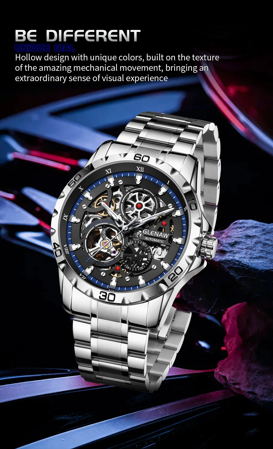 GLENAW Steampunk Skeleton Men’s Watch Ring di lusso automatico meccanico Luminous impermeabile in acciaio inossidabile cinturino orologio