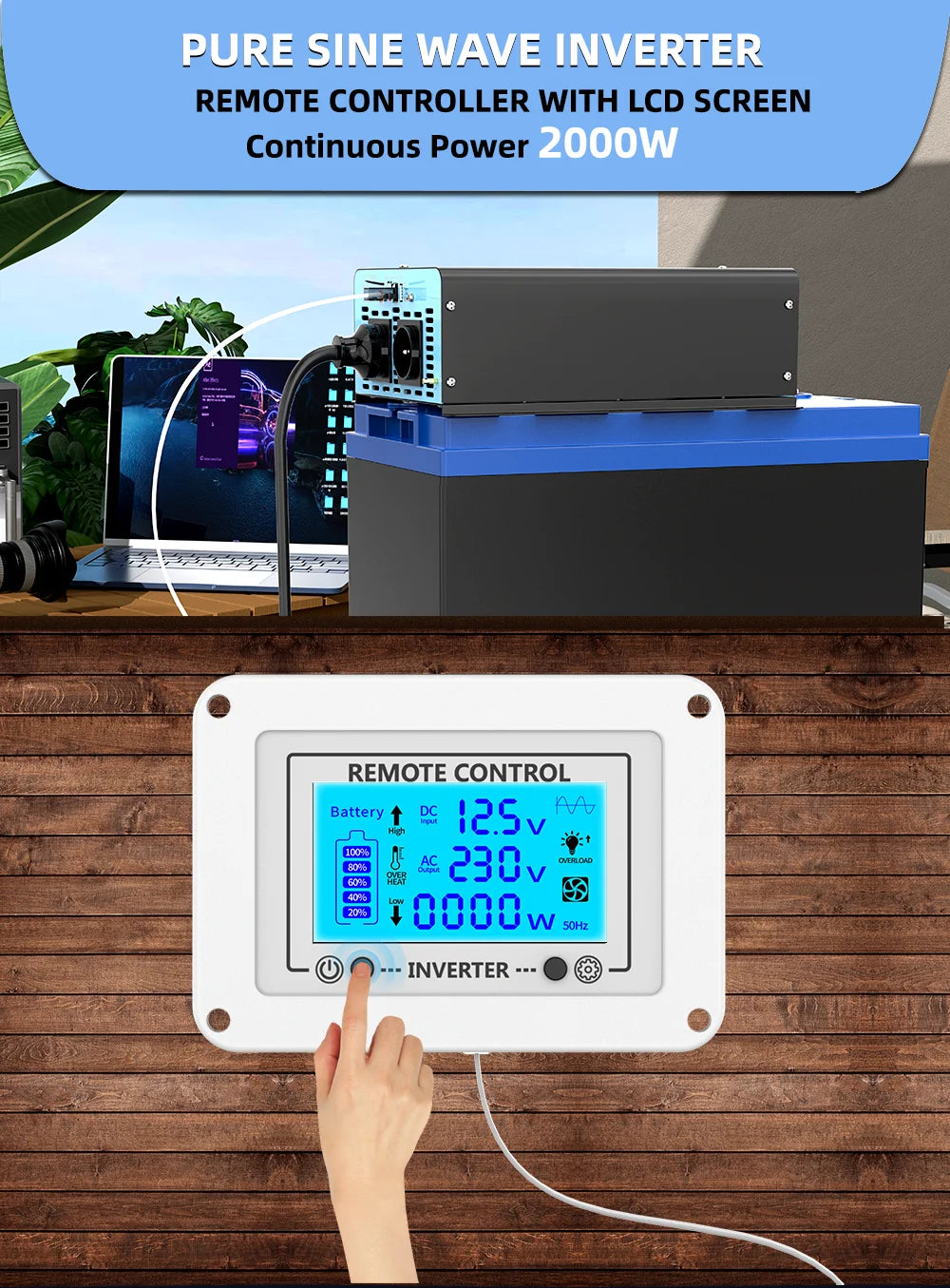 Convertitore voltmetro per auto LCD con presa UE da 2000 W, potenza continua, onda sinusoidale pura, potenza di picco, 4000 W CC 12 V a CA 230 V 50 Hz