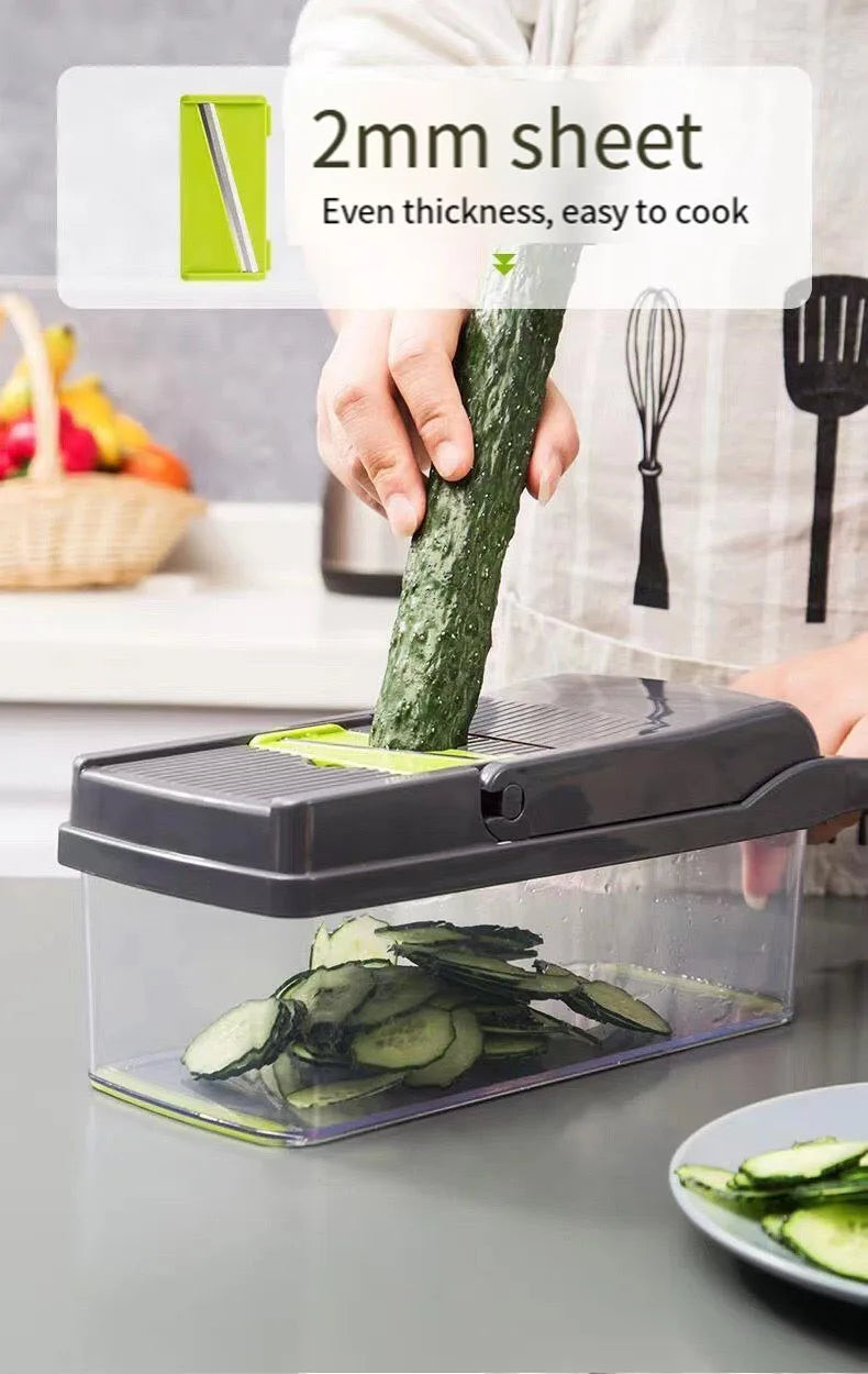 Tritaverdure multifunzionale 14 in 1, tritacipolle, manico, griglia per alimenti, tritatutto, affettaverdure da cucina, taglio a cubetti
