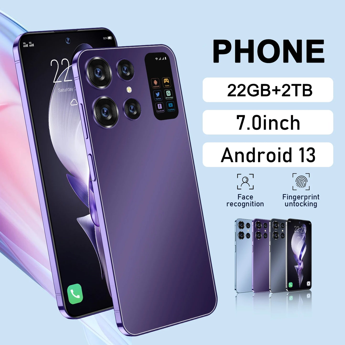 Nuovo smartphone 2025 da 22 GB, 2 TB, schermo da 7,0 pollici, 7000 Mah, Android13 cellulare Dual Sim Face sbloccato, telefono cellulare 5G