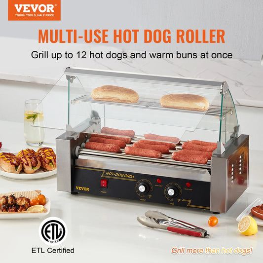 VEVOR Hot Dog Roller 5Rollers 12 Hot Dogs Capacity 750W Stainless Sausage Grill Cooker Machine with Dual Temp Control Glass Hood
