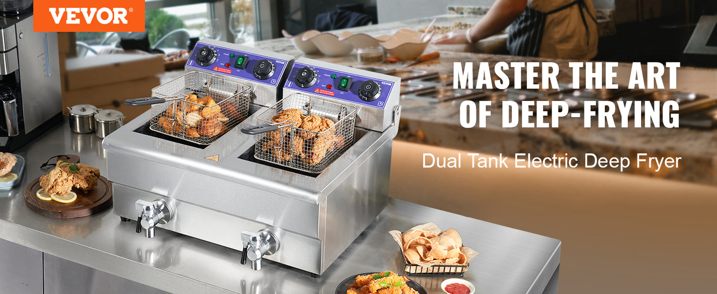 VEVOR Commercial Electric Deep Fryer w/Dual Tanks 12L 3000W Stainless Steel Countertop Fryer for Fried Chicken French Fries