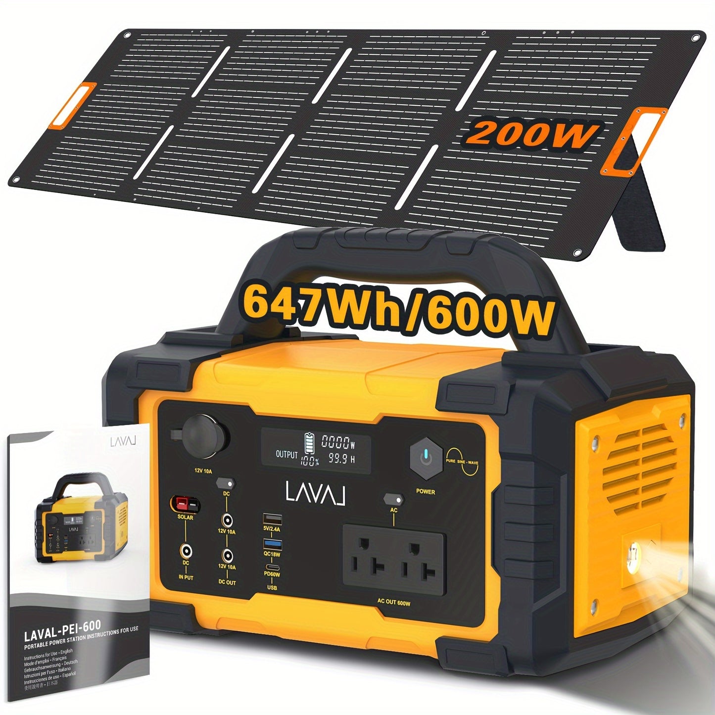 Centrale elettrica portatile con pannello solare, generatore solare da 293 Wh-1075 Wh con uscita USB-C PD da 60 W, uscita CA a onda sinusoidale pura da 110 V, torcia elettrica, batteria LiFePO4