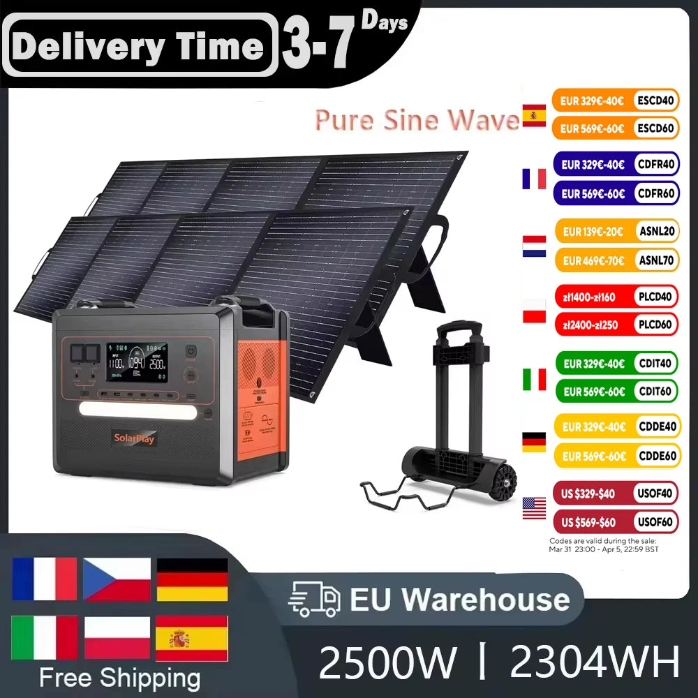 Q2402M - Centrale elettrica a onda sinusoidale pura da 2500 W, 12 porte di uscita, accumulo di energia, ricarica solare, 1,5 ore di ricarica completa con carrello