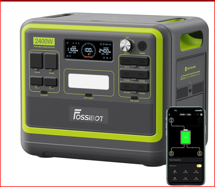 Stazione di alimentazione portatile FOSSiBOT F2400, batteria LiFePO4 da 2048 Wh, generatore solare da 2400 W, 3 prese AC per camper, auto,