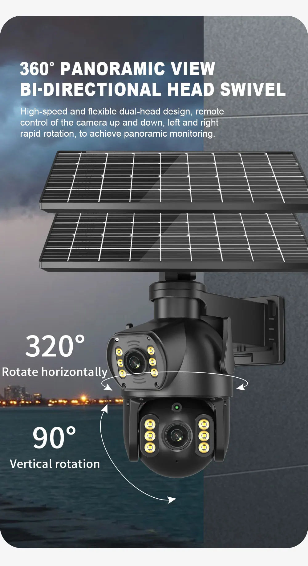 TELECAMERA CON PANNELLO SOLARE-8MP 4K PTZ Fotocamera solare all'aperto 4G Scheda SIM Doppia lente Fotocamera a doppio schermo PIR Rilevamento del corpo umano Built-in sicurezza della durata della batteria