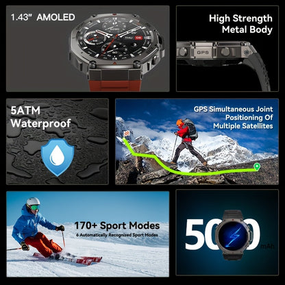 Ciberer Smart Watch Answer/Make Calls, GPS integrato, 3.63cm AMOLED Display, 5 ATM, Bussola, Altitudine, Pressione, 200+ Cloud Dials, Wireless, Ricarica USB, Lega e Silicone, Batteria al litio 500mAh, Altitude Tracker, Com