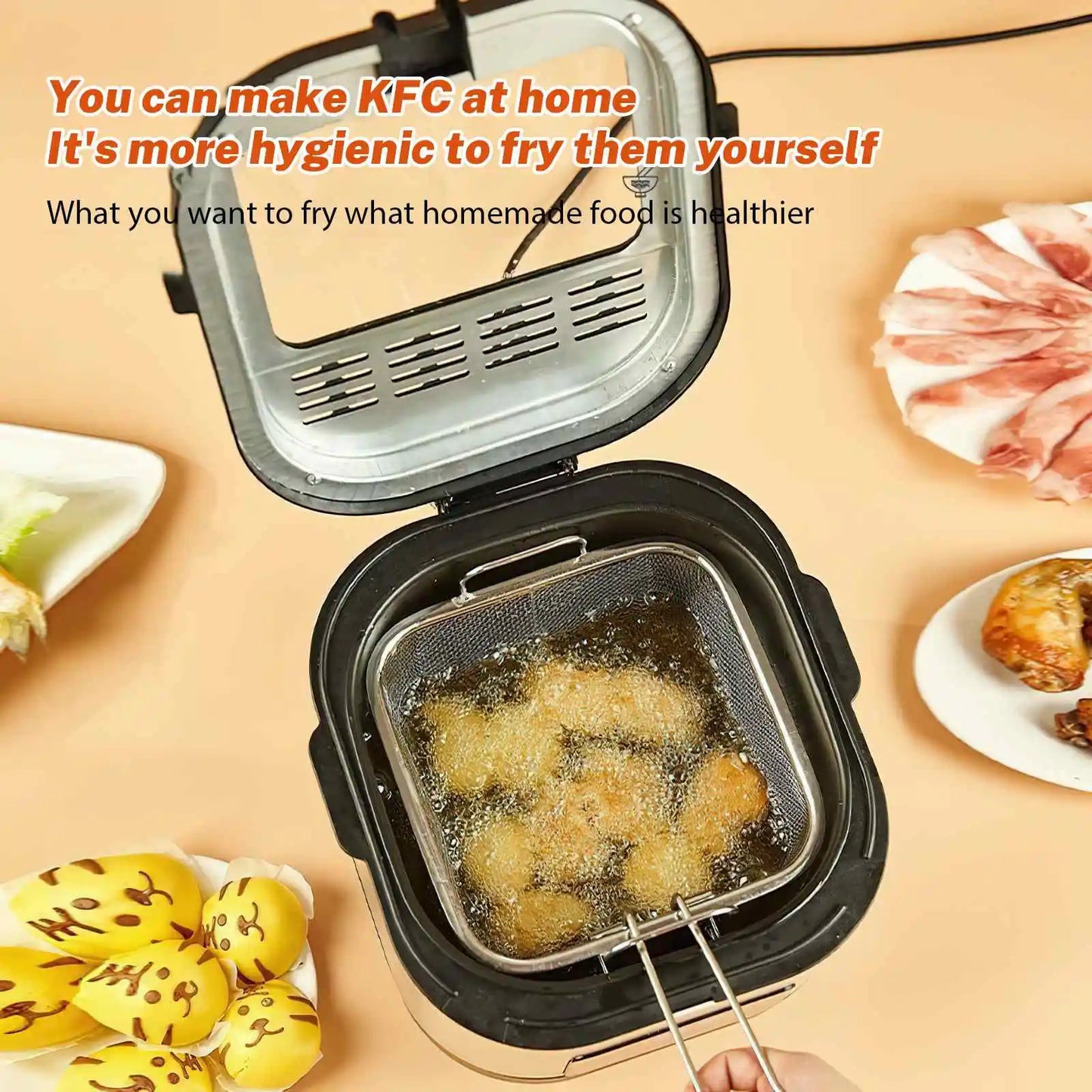1000W 2.5L Electric Deep Fryer French fry Machine Oven Oil Hot Pot Fried Chicken Grill Adjustable Thermostat Kitchen Cooking