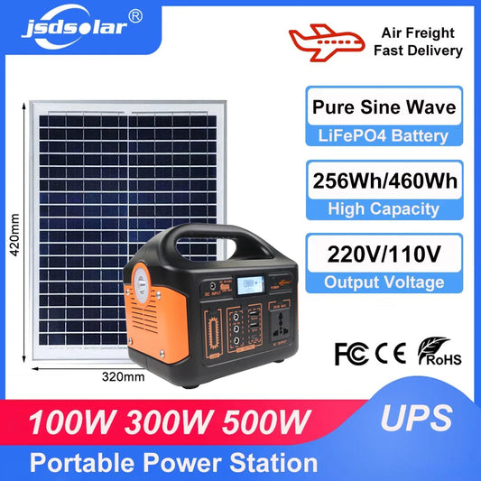 jsdsolar 100W 300W 500W Portable Power Station Pure Sine Wave Solar Generator 110V/220V UPS Camping Charging Station Power Bank