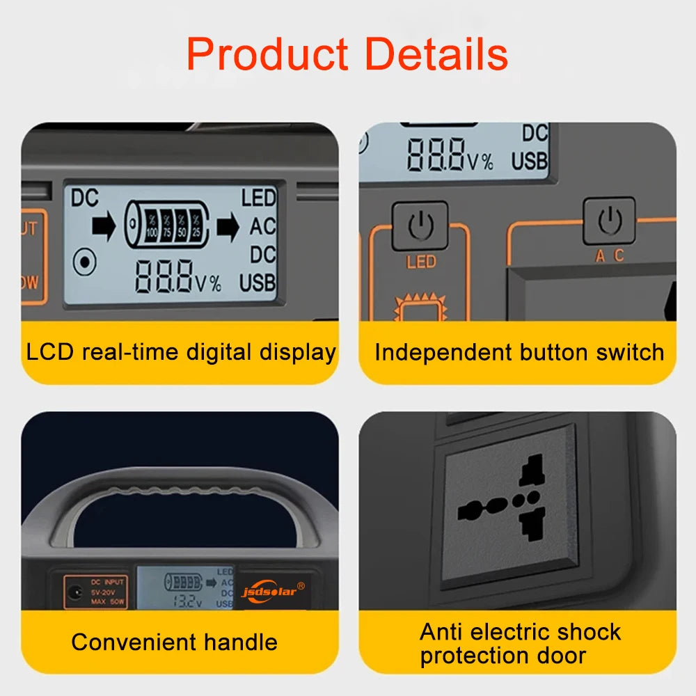 jsdsolar 100W 300W 500W Portable Power Station Pure Sine Wave Solar Generator 110V/220V UPS Camping Charging Station Power Bank