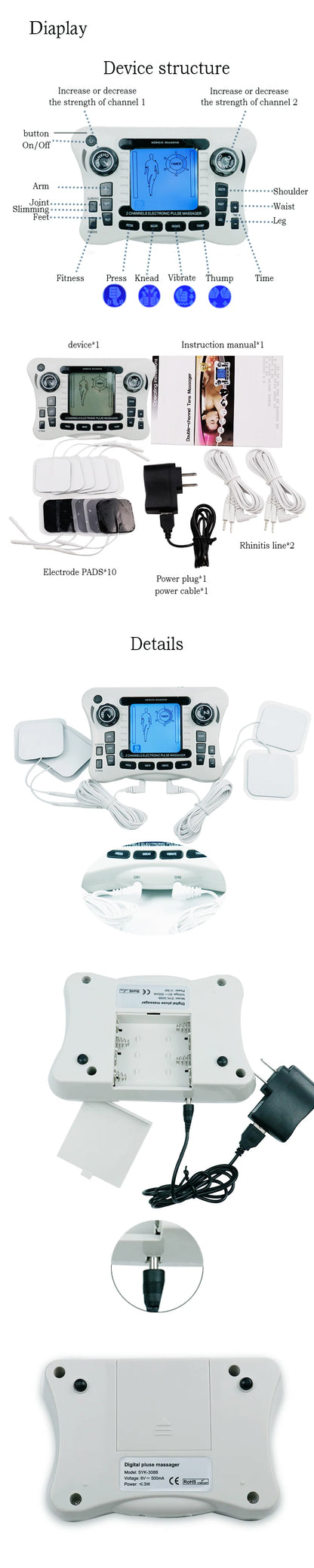 Electronic Pulse Massager Tens Ems Macchina per il massaggio del muscolo elettrico del nervo stimolatore Agopuntura Fat Burner Sollievo dal dolore