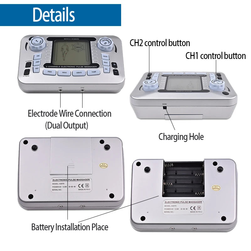 Electronic Pulse Massager Tens Ems Macchina per il massaggio del muscolo elettrico del nervo stimolatore Agopuntura Fat Burner Sollievo dal dolore
