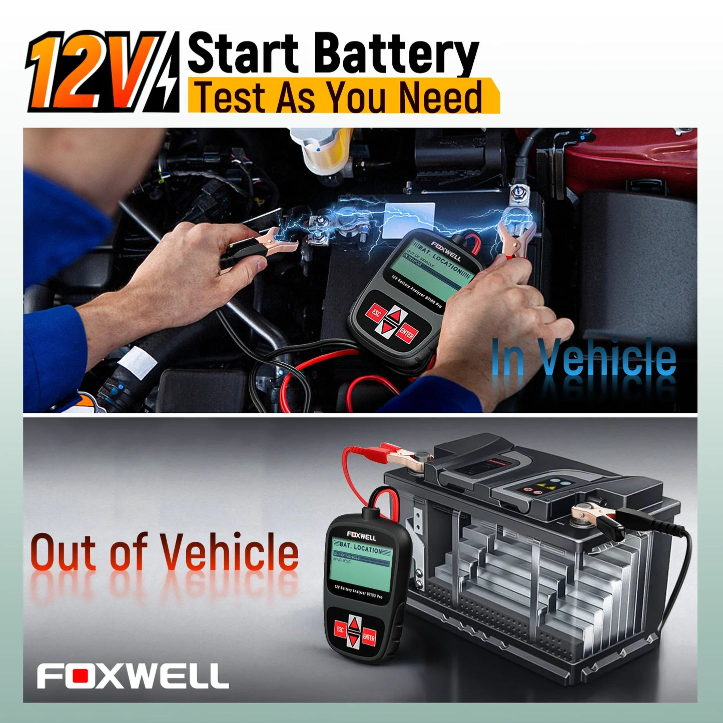 -TESTER PER VERIFICARE LO STATO DELLA BATTERIA AUTO-FOXWELL BT100 PRO 12V 100-1100 CCA Strumento diagnostico per il controllo della batteria