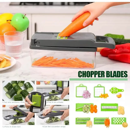 Tritaverdure multifunzionale 14 in 1, tritacipolle, manico, griglia per alimenti, tritatutto, affettaverdure da cucina, taglio a cubetti