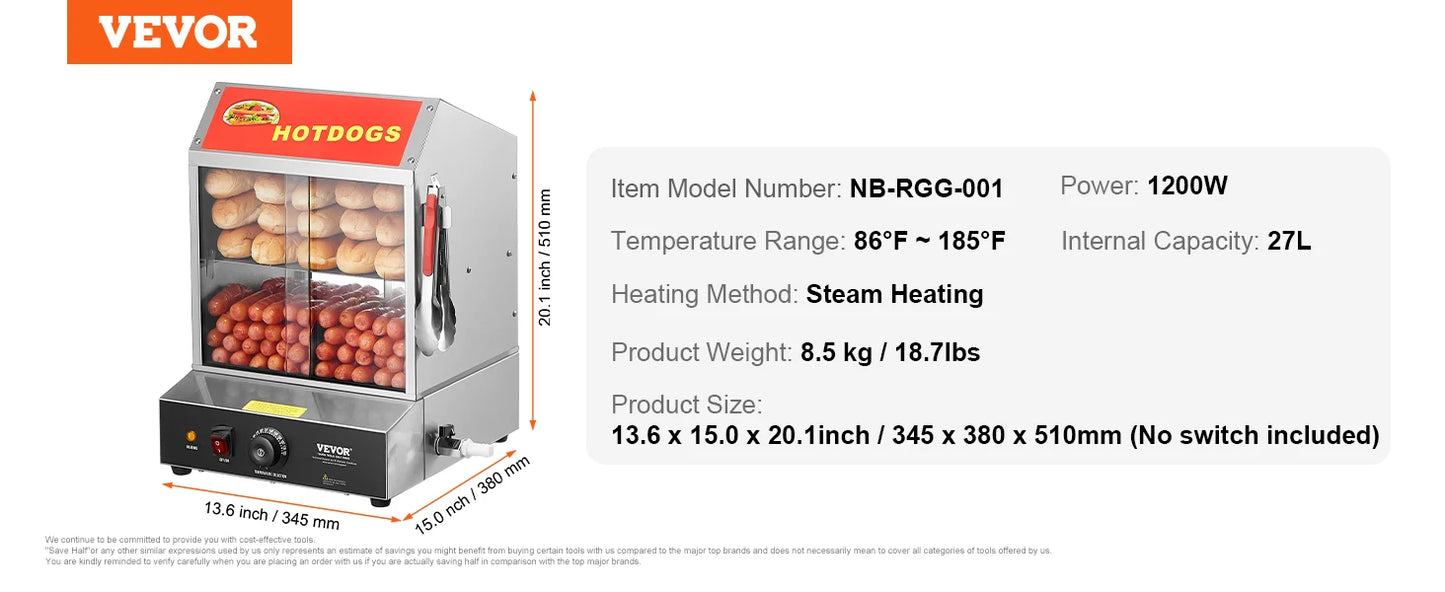 SucceBuy 27/37L 2Tiers Hot Dog Steamer con il controllo della temperatura dell'acciaio inossidabile elettrico panino scaldabagno per hot dog e bar per il cinema