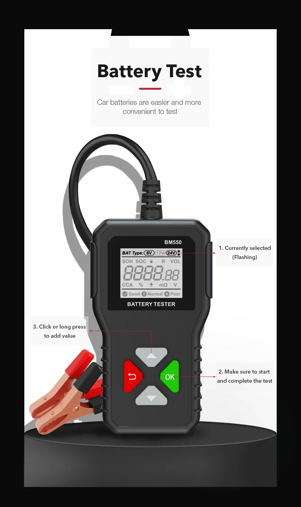 Tester per batterie 24V 6V 12V BM550 100-2000 Analizzatore di test CCA Strumento diagnostico Rilevatore Accessori per auto Moto Rimorchio per camion