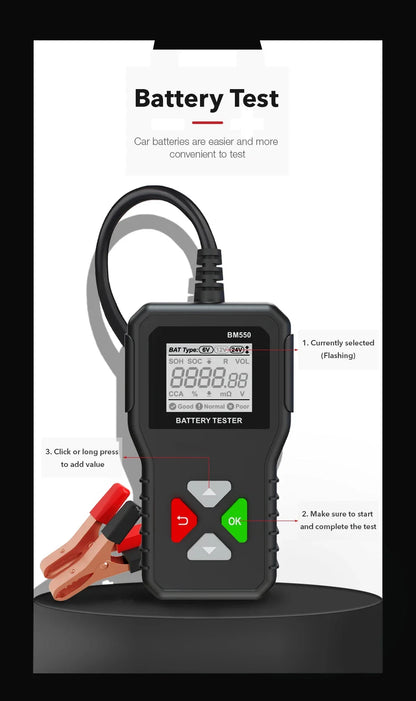 Tester per batterie 24V 6V 12V BM550 100-2000 Analizzatore di test CCA Strumento diagnostico Rilevatore Accessori per auto Moto Rimorchio per camion