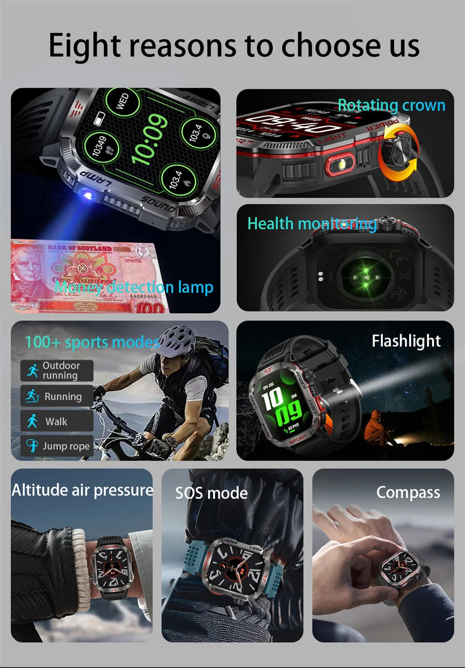 Nuovo per Huawei Xiaomi Militare GPS Smart Watch Uomini Torcia elettrica Bussola impermeabile all'aperto Sport Tracker Bluetooth Chiamata Smartwatch