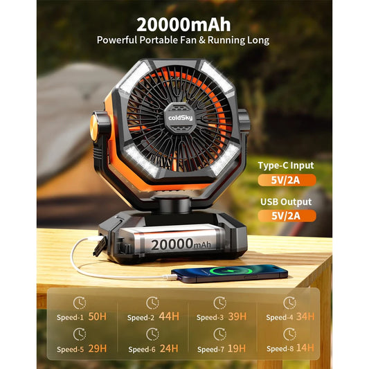coldSky 20000mAh Batteria Camping Fan con 4 LED Lanterna 8 velocità Ventilatore da tavolo portatile all'aperto per tenda Interruzioni di corrente Jobsite