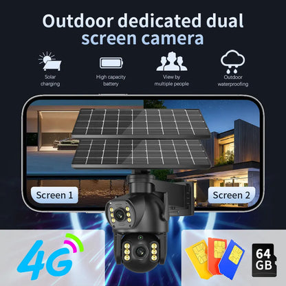 CON PANNELLO SOLARE-8MP 4K PTZ Fotocamera solare all'aperto 4G Scheda SIM Doppia lente Fotocamera a doppio schermo PIR Rilevamento del corpo umano Built-in sicurezza della durata della batteria