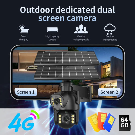 CON PANNELLO SOLARE-8MP 4K PTZ Fotocamera solare all'aperto 4G Scheda SIM Doppia lente Fotocamera a doppio schermo PIR Rilevamento del corpo umano Built-in sicurezza della durata della batteria