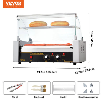 VEVOR Hot Dog Roller 5Rollers 12 Hot Dogs Capacity 750W Stainless Sausage Grill Cooker Machine with Dual Temp Control Glass Hood