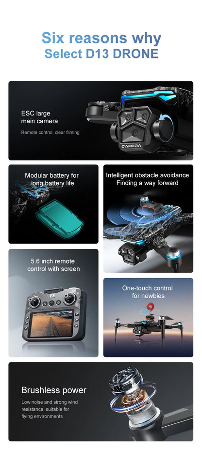 D13 RC Drone Professional 4K Camera con 5G WiFi FPV UAV Schermo Telecomando Brushless Obstacle Avoidance Quadcopter Giocattoli