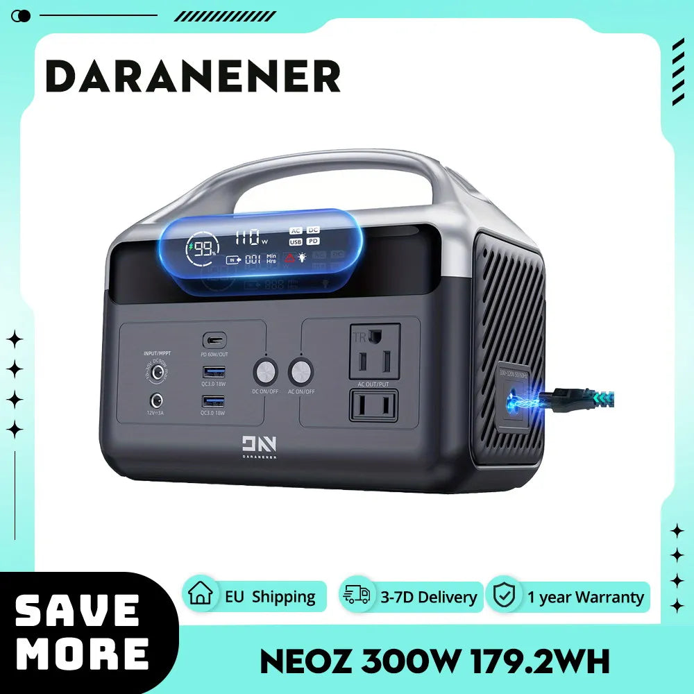 DaranEner NEOZ Portable Power Station 300W 179.2Wh LiFePO4 Battery LED Fashlight, 1.5hrs Fast Charging MPPT Controller, BMS, UPS