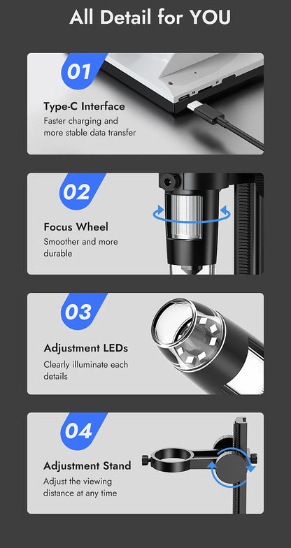 RIEVBCAU DM7 4.3' Microscopio digitale 1000X Coin Microscope 1080P Video Microscope per la saldatura degli adulti con 8 LED Dropshipping