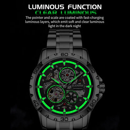 GLENAW Steampunk Skeleton Men’s Watch Ring di lusso automatico meccanico Luminous impermeabile in acciaio inossidabile cinturino orologio