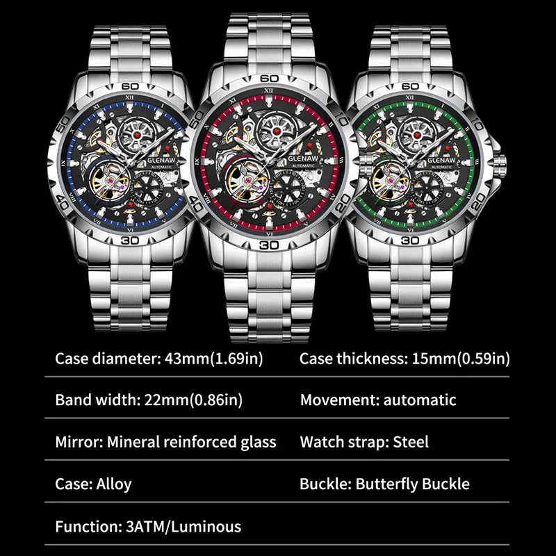 GLENAW Steampunk Skeleton Men’s Watch Ring di lusso automatico meccanico Luminous impermeabile in acciaio inossidabile cinturino orologio