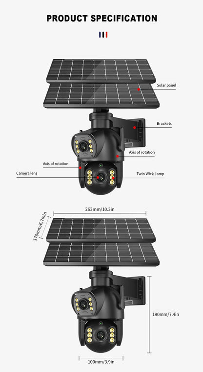 CON PANNELLO SOLARE-8MP 4K PTZ Fotocamera solare all'aperto 4G Scheda SIM Doppia lente Fotocamera a doppio schermo PIR Rilevamento del corpo umano Built-in sicurezza della durata della batteria