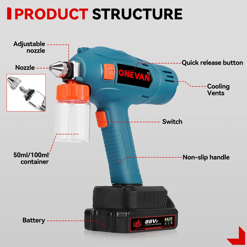 ONEVAN 100ML Pistola a spruzzo elettrica senza fili spruzzatore di vernice ricaricabile auto mobili in acciaio utensili elettrici per 21 v 18 v batteria