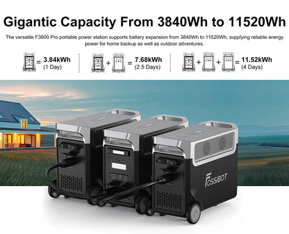 FOSSiBOT F3600 Pro Centrale Elettrica Portatile, Batteria LiFePO4 da 3840Wh, Espandibile Fino a 11,52kwh, Uscita CA 3600 W, Ingresso Solare da 2000W, Power Station per Domestico, Campeggio, Viaggio