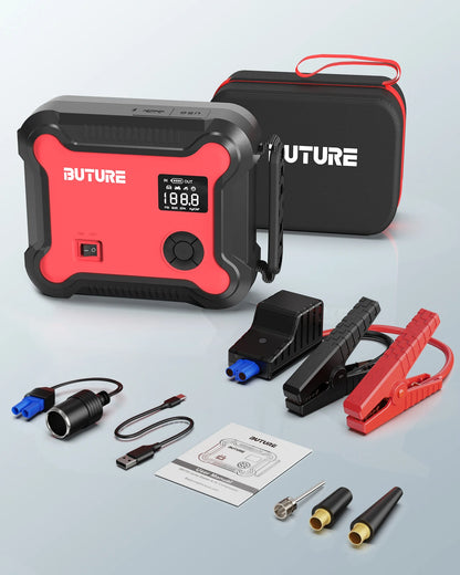 Compressore d'aria Buture 5 in 1 per auto con avviamento di emergenza, power bank da 26800 mAh, batteria portatile, gonfiatore digitale per pneumatici con uscita CC da 160 W