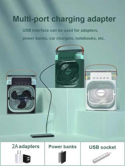 NUOVO Umidificatore portatile Ventilatore Condizionatori d'aria USB Ventilatore elettrico LED notte luce acqua nebbia divertimento 3 in 1 Umidificatore del dispositivo di raffreddamento dell'aria