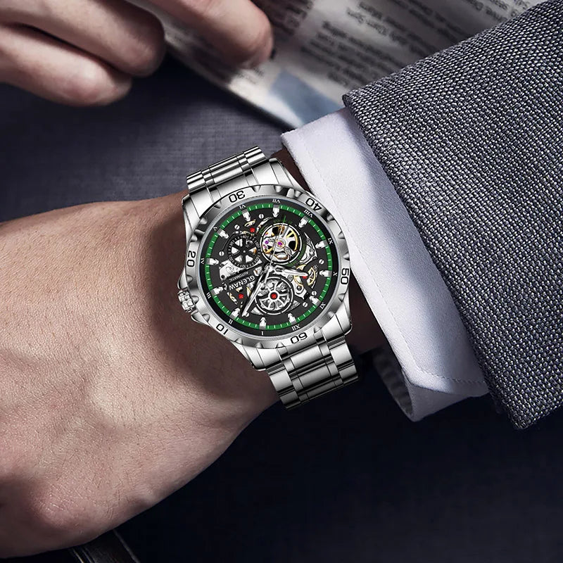 GLENAW Steampunk Skeleton Men’s Watch Ring di lusso automatico meccanico Luminous impermeabile in acciaio inossidabile cinturino orologio