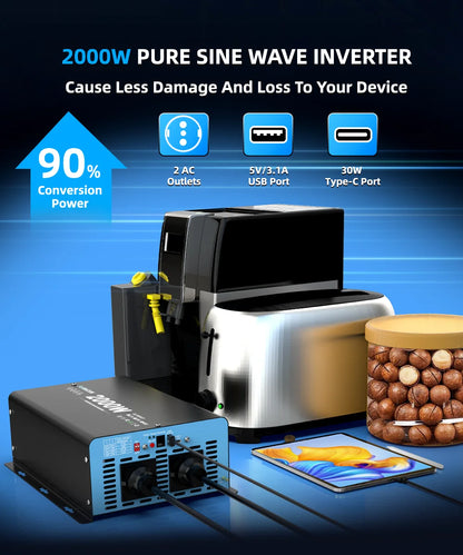 Convertitore voltmetro per auto LCD con presa UE da 2000 W, potenza continua, onda sinusoidale pura, potenza di picco, 4000 W CC 12 V a CA 230 V 50 Hz