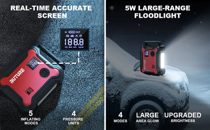 Compressore d'aria Buture 5 in 1 per auto con avviamento di emergenza, power bank da 26800 mAh, batteria portatile, gonfiatore digitale per pneumatici con uscita CC da 160 W