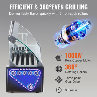 VEVOR Hot Dog Roller 5Rollers 12 Hot Dogs Capacity 750W Stainless Sausage Grill Cooker Machine with Dual Temp Control Glass Hood