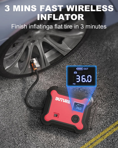 Compressore d'aria Buture 5 in 1 per auto con avviamento di emergenza, power bank da 26800 mAh, batteria portatile, gonfiatore digitale per pneumatici con uscita CC da 160 W