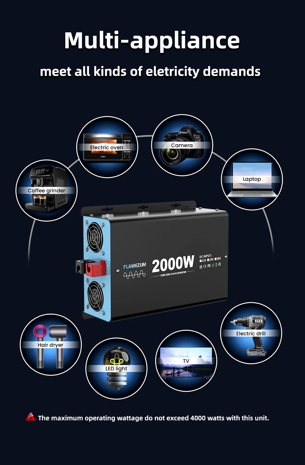 Convertitore voltmetro per auto LCD con presa UE da 2000 W, potenza continua, onda sinusoidale pura, potenza di picco, 4000 W CC 12 V a CA 230 V 50 Hz