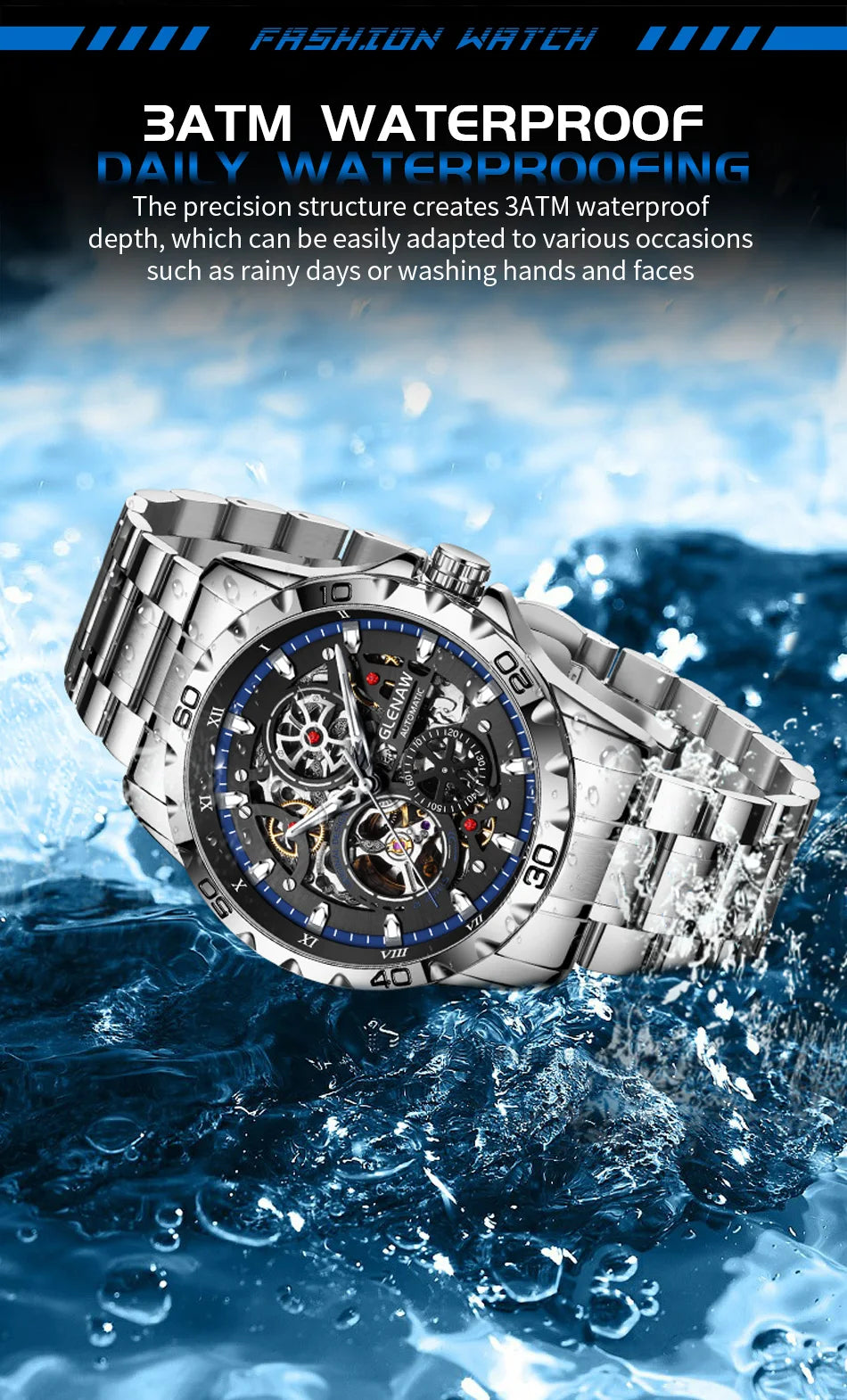 GLENAW Steampunk Skeleton Men’s Watch Ring di lusso automatico meccanico Luminous impermeabile in acciaio inossidabile cinturino orologio