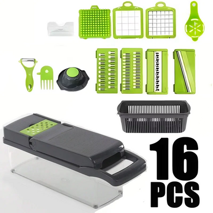 Tritaverdure multifunzionale 14 in 1, tritacipolle, manico, griglia per alimenti, tritatutto, affettaverdure da cucina, taglio a cubetti