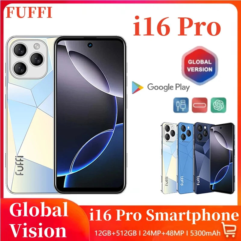 I16 Pro Smartphone 5G Android 5300mAH 12GB RAM 512G ROM 6.56Inch 1080x2640HD 24 + 48MP MTK10 Telefono cellulare di rete 4G