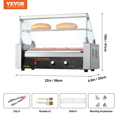 VEVOR Hot Dog Roller 5Rollers 12 Hot Dogs Capacity 750W Stainless Sausage Grill Cooker Machine with Dual Temp Control Glass Hood